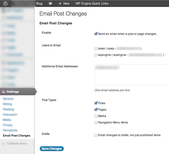 WP-Admin settings for "Email Post Changes" plugin