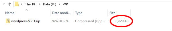 Screenshot of WordPress file size