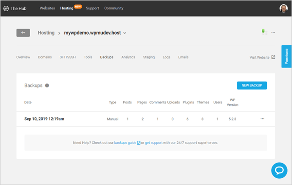 WPMUDEV hosting backups