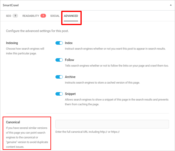 SmartCrawl in-post canonical option.