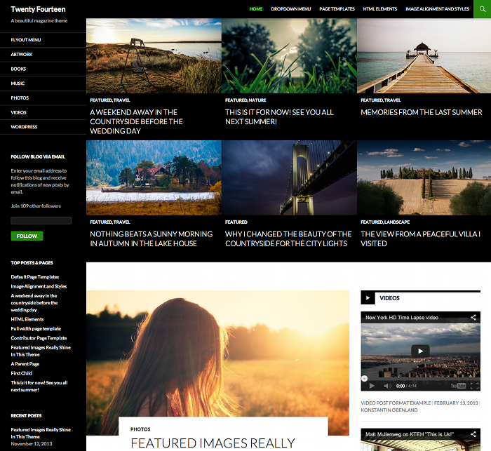 Screenshot of the home page with a grid and featured image