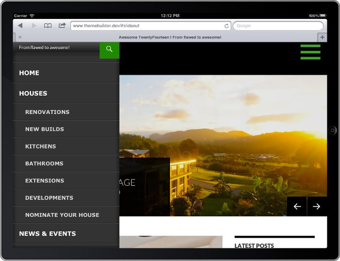 Screenshot of slide-out menu on a tablet
