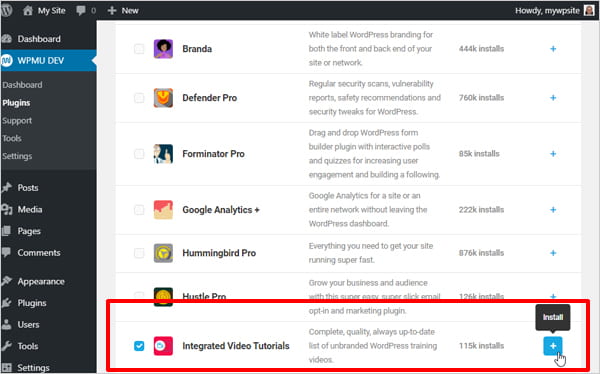 Integrated Video Tutorials plugin option selected and ready for installation
