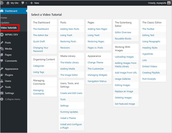 Main video tutorials screen