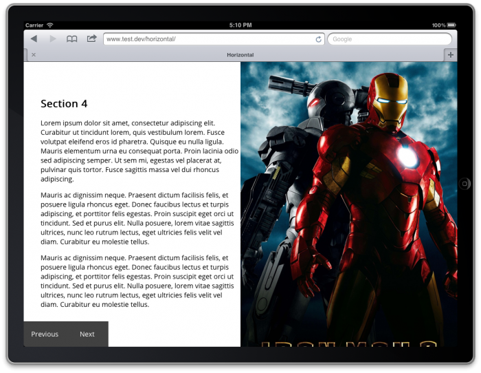Screengrab of a page with an image of Iron Man taking up the right-hand half of the page