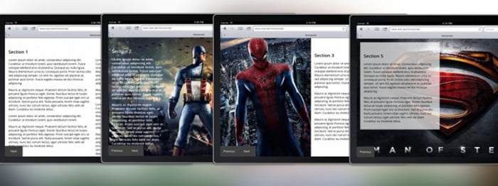 Screenshots from a tablet with sample horizontal content