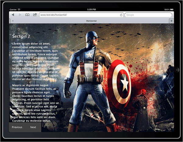 Screenshot from a tablet with a full screen image of Captain America and sample text covering 30% of the page
