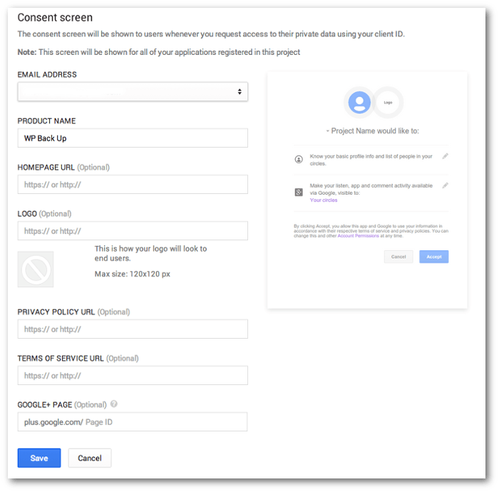 Screengrab of the Consent form in the Google Project Console.