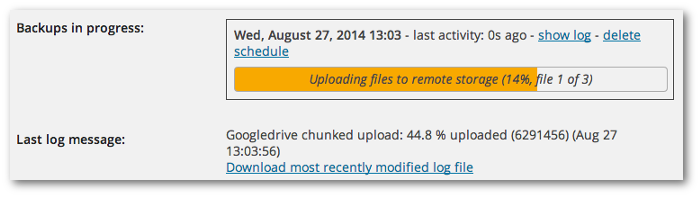 Screengrab of the progress messages during a backup operation