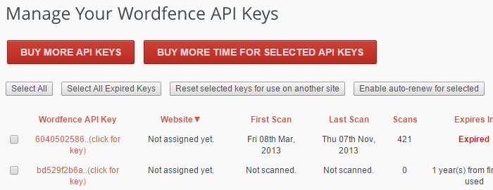 You can find your Wordfence API key from the "Get API Keys" page on the left of the list.