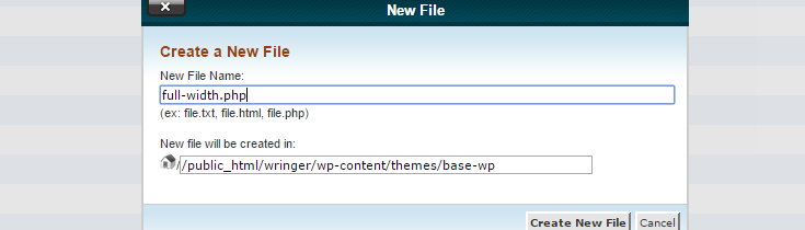 A file name has been entered in the "New File" pop up in cPanel with the same file path as the other page templates