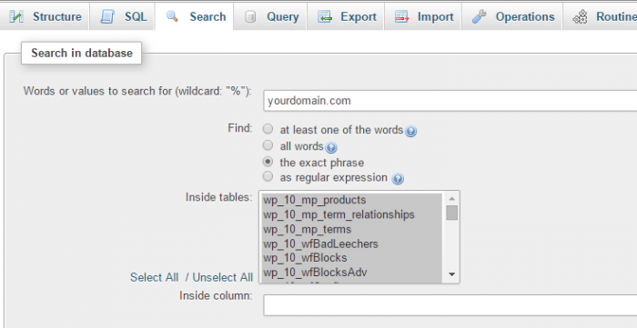 The search tab in phpMyAdmin allows you to search all tables when your main database is selected