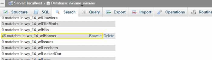 Search results page in phpMyAdmin with the number of matches listed on the left of each table