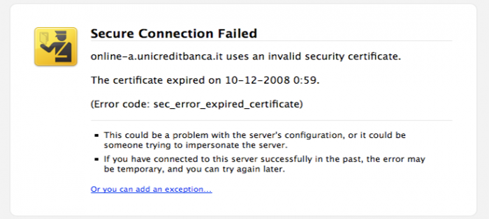 A browser warning of an expired SSL certificate before proceeding to site.