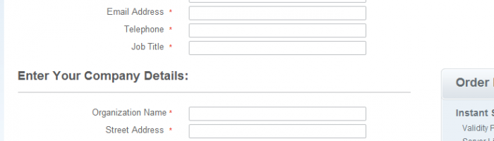 Some of the details needed to register an SSL certificate including address and phone number