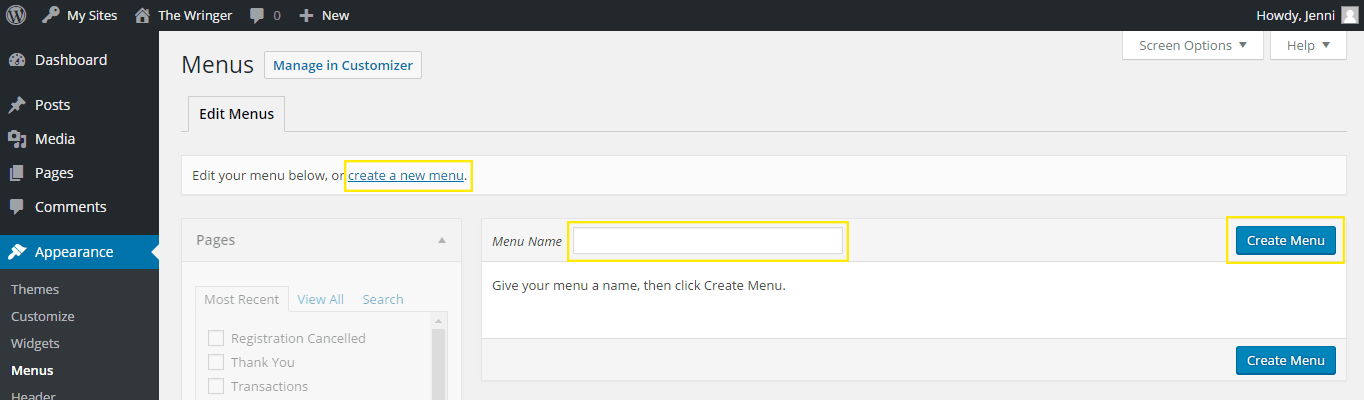 The Menu page in the admin dashboard.