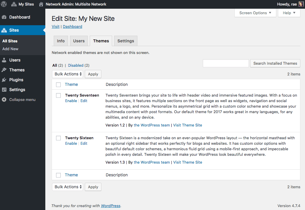 You can enable themes for each of the sites in your network.