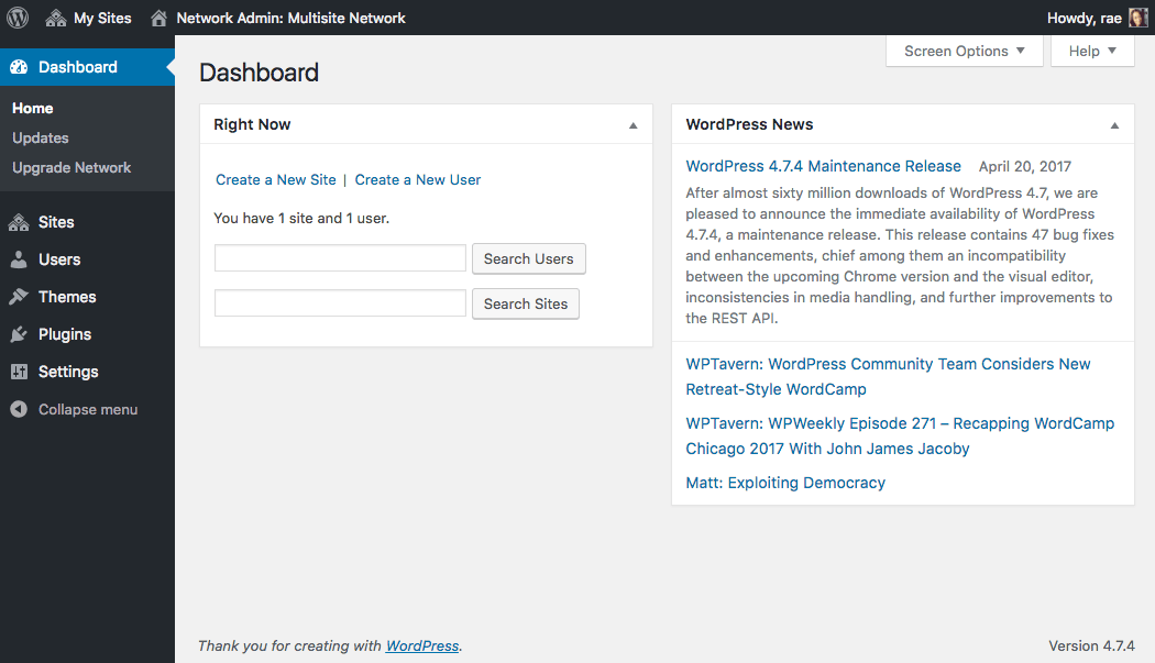 The WordPress Multisite Dashboard.