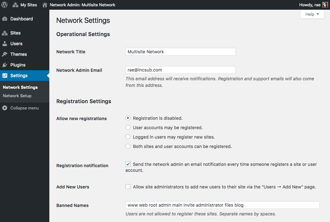 Multisite network settings.
