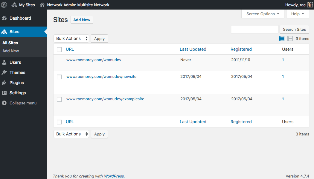 Viewing the sites in your network.