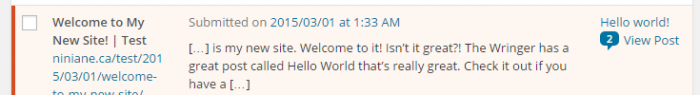 An example pingback waiting for moderation. It has the title of the post, the site's name and an excerpt of the post. surrounded by ellipsis in square brackets.