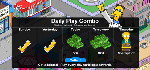 The daily play combo in The Simpsons: Tapped Out freemium game app.