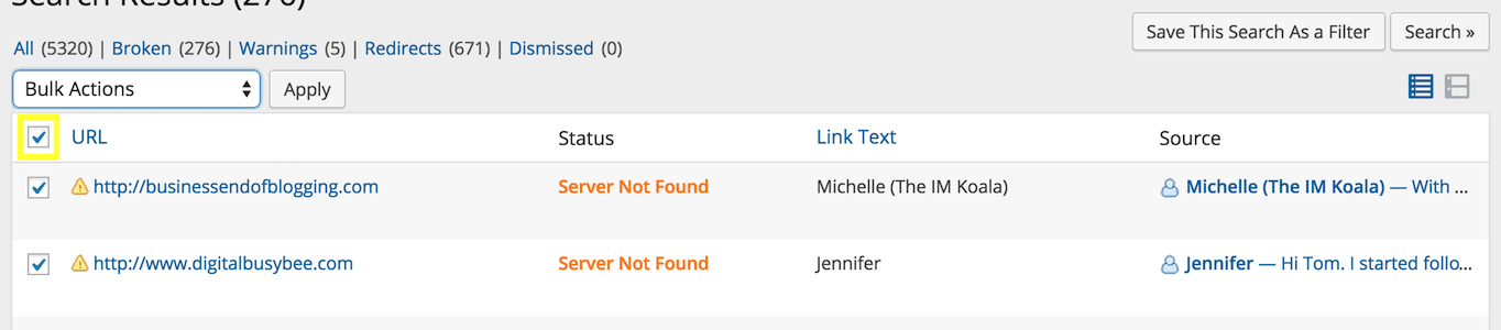 Select all broken links