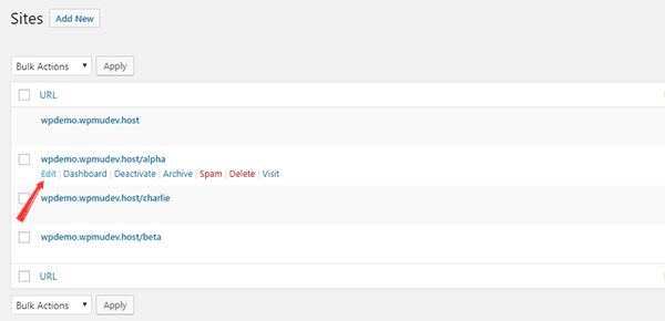 Clicking the Edit link of a Subsite in the Sites panel of a WordPress Multisite Network