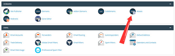 cPanel dashboard showing the Alias option under Domains section