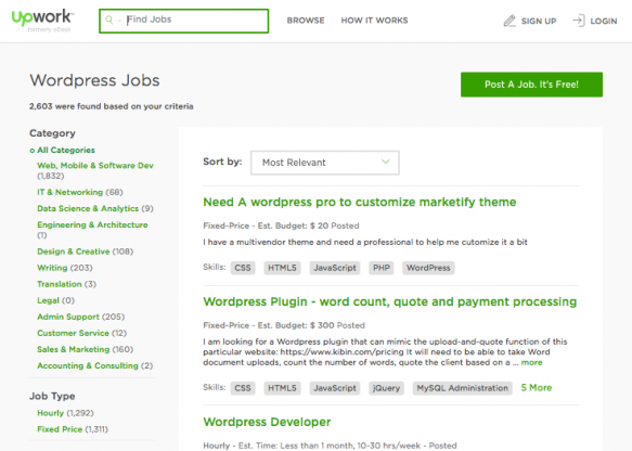 Upwork website - WordPress jobs