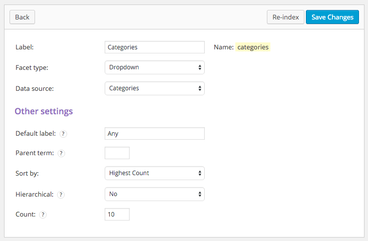 Facet options screen.