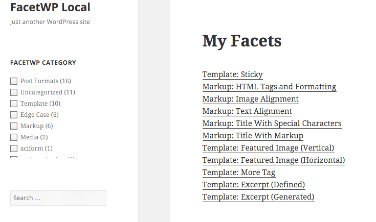 Checkbox facets displaying in the sidebar.