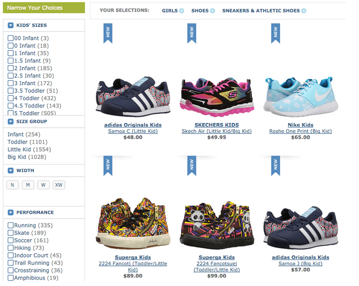 Faceted search options galore at Zappos.