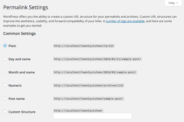Common permalink settings with the default selected.