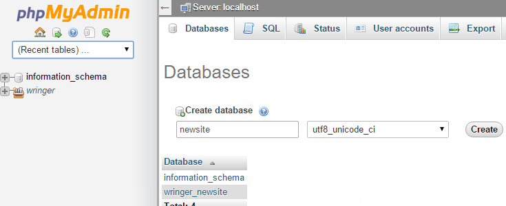In the Database tab, a name and collation have been set.
