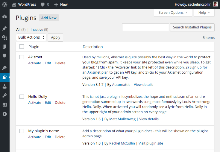 Plugin admin screen with our plugin added