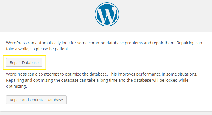 The repair database page once it has been activated.