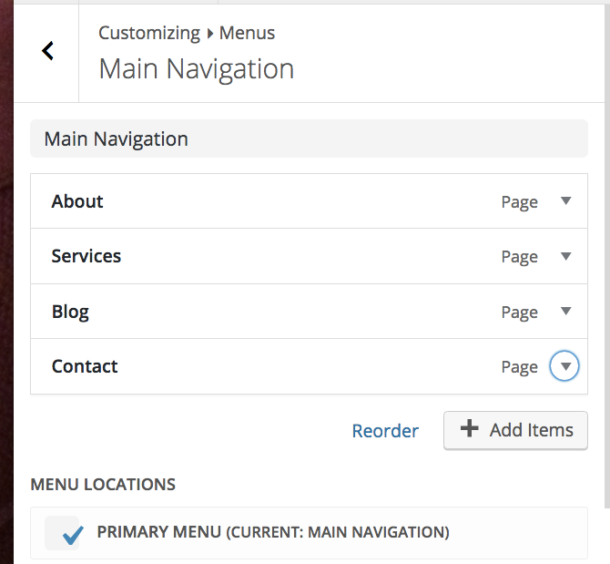 The Main Navigation menu in "Menus"