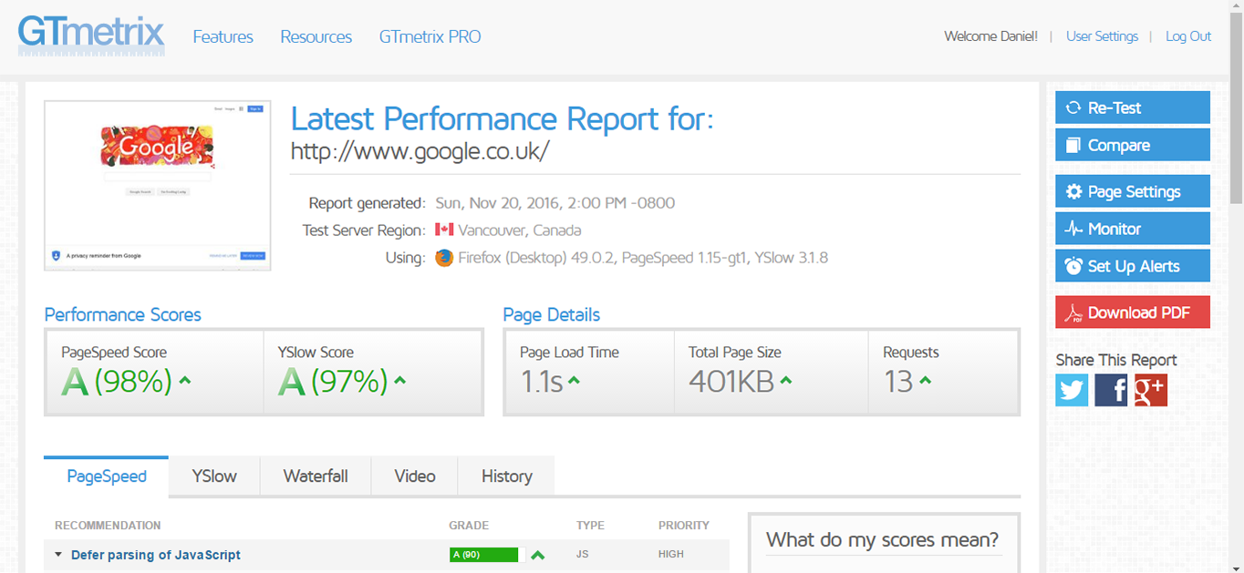 GTmetrix page speed report