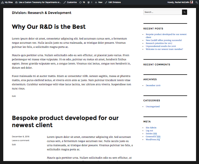 Default taxonomy archive for R&D, using twenty sixteen's template file