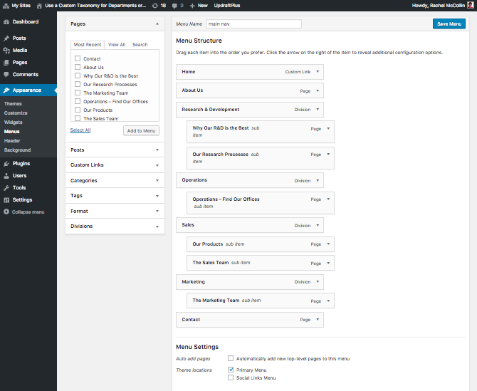The navigation menu with pages and taxonomy term archives added