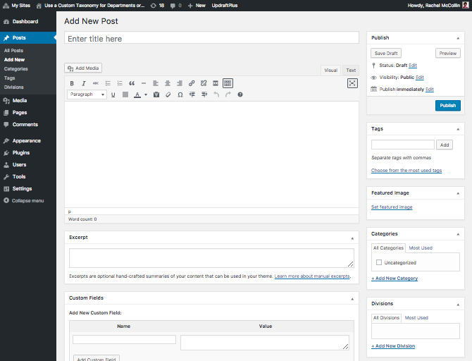 The post editing page includes our new taxonomy