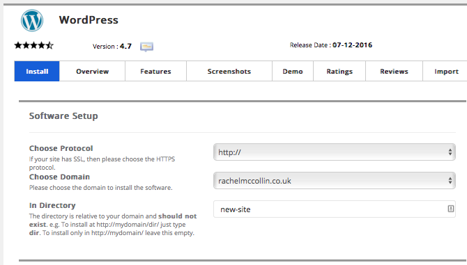 installing WordPress in a subfolder in Softaculous