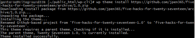 theme installation success with wp-cli