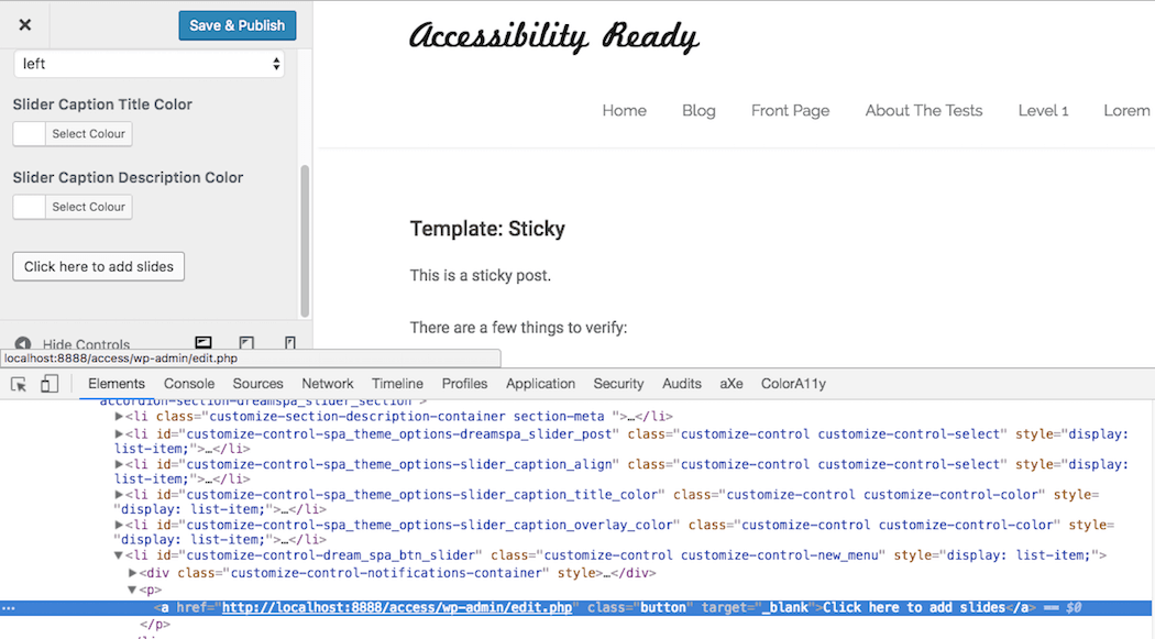 Dream Spa theme Customizer; a button link opens in a new window.