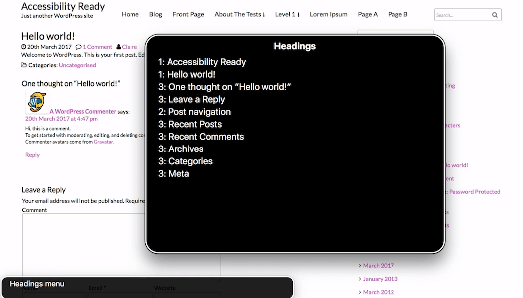 VoiceOver Headings menu in theme showing a duplicate Heading 1 and missing Heading 2.