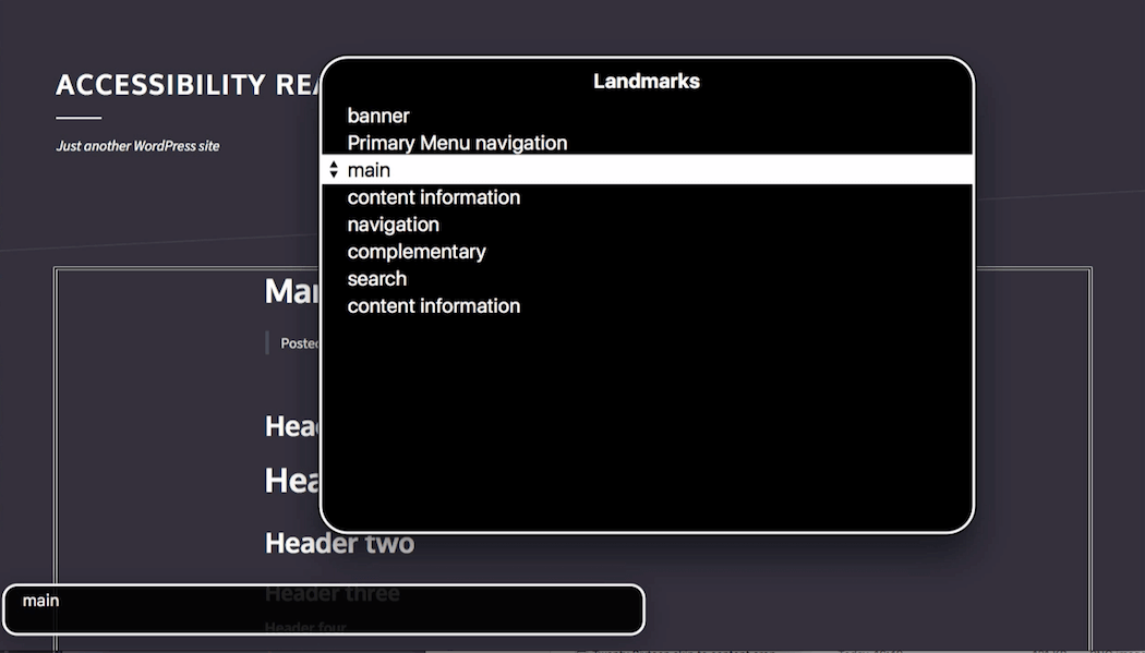 VoiceOver ARIA Landmarks menu for some theme, showing the main role.