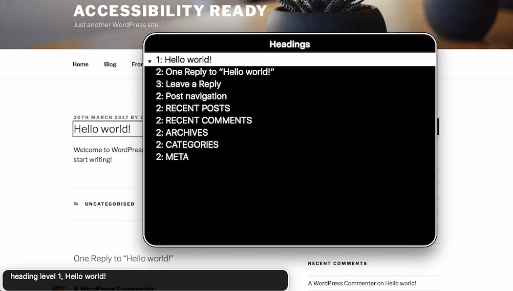 Twenty Seventeen theme\. The Headings menu in VoiceOver shows a semantic heading order\.