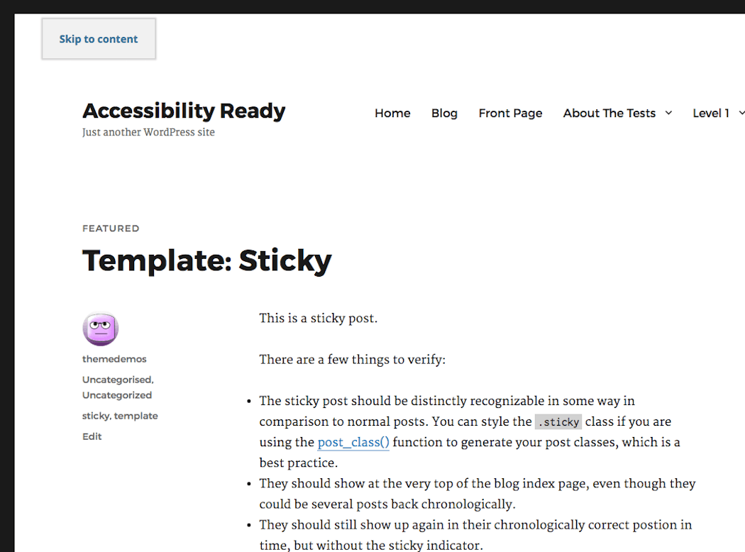 Twenty Sixteen theme showing a Skip to Content link.