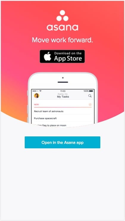 Asana's mobile site uses a liberal amount of white space and the CTA is the very obvious focus.